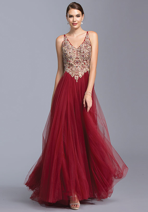 V-neck Embelished Tulle Gown
